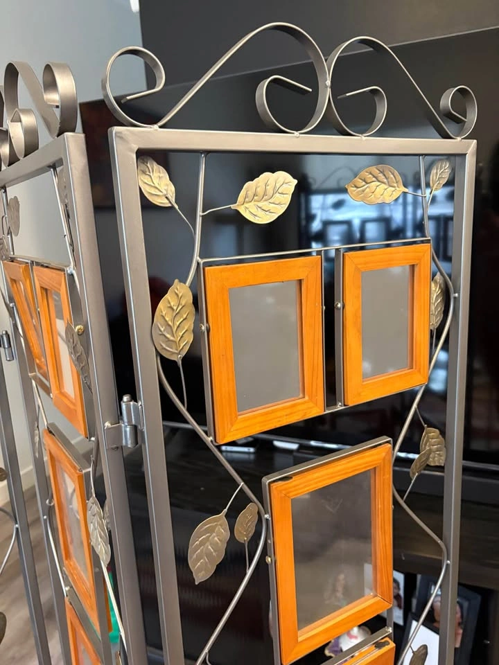 3 Panel Metal Room Divider Screen with Leaf Accents Photo Displa - photo 2