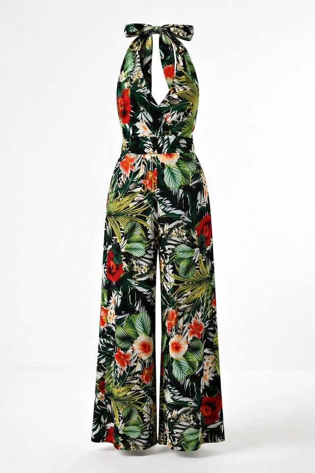 Tropical Floral Halter Wide-Leg Jumpsuit S-M Boho