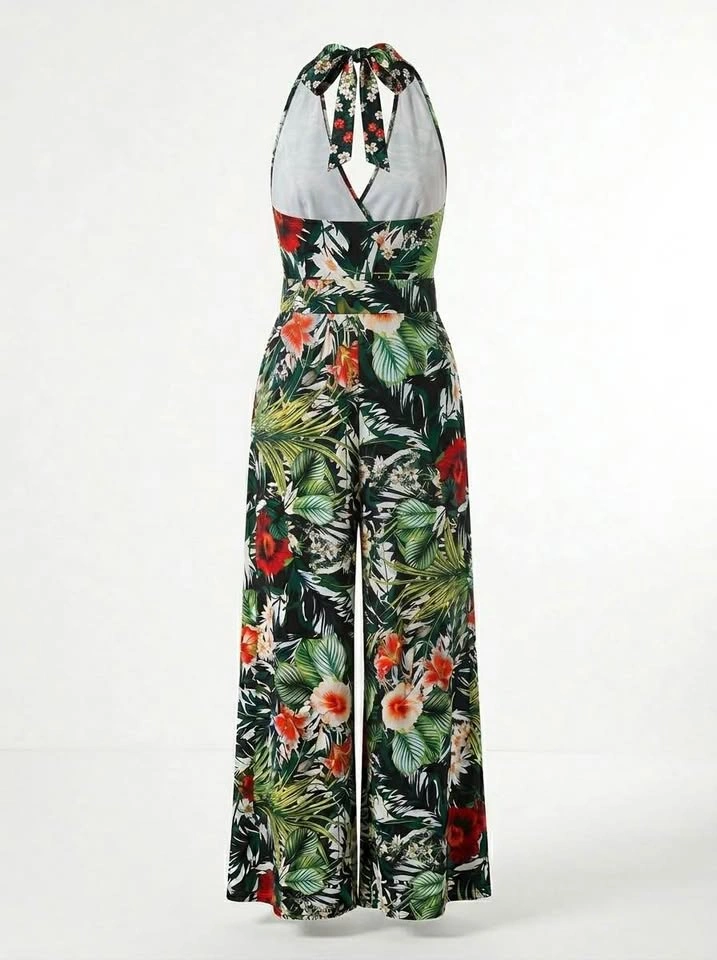 Tropical Floral Halter Wide-Leg Jumpsuit S-M Boho - photo 2