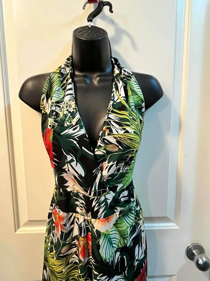 Tropical Floral Halter Wide-Leg Jumpsuit S-M Boho - photo 3