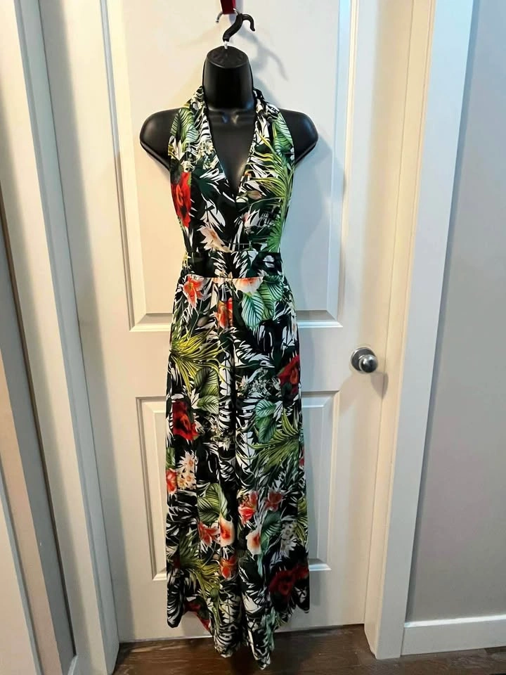 Tropical Floral Halter Wide-Leg Jumpsuit S-M Boho - photo 4