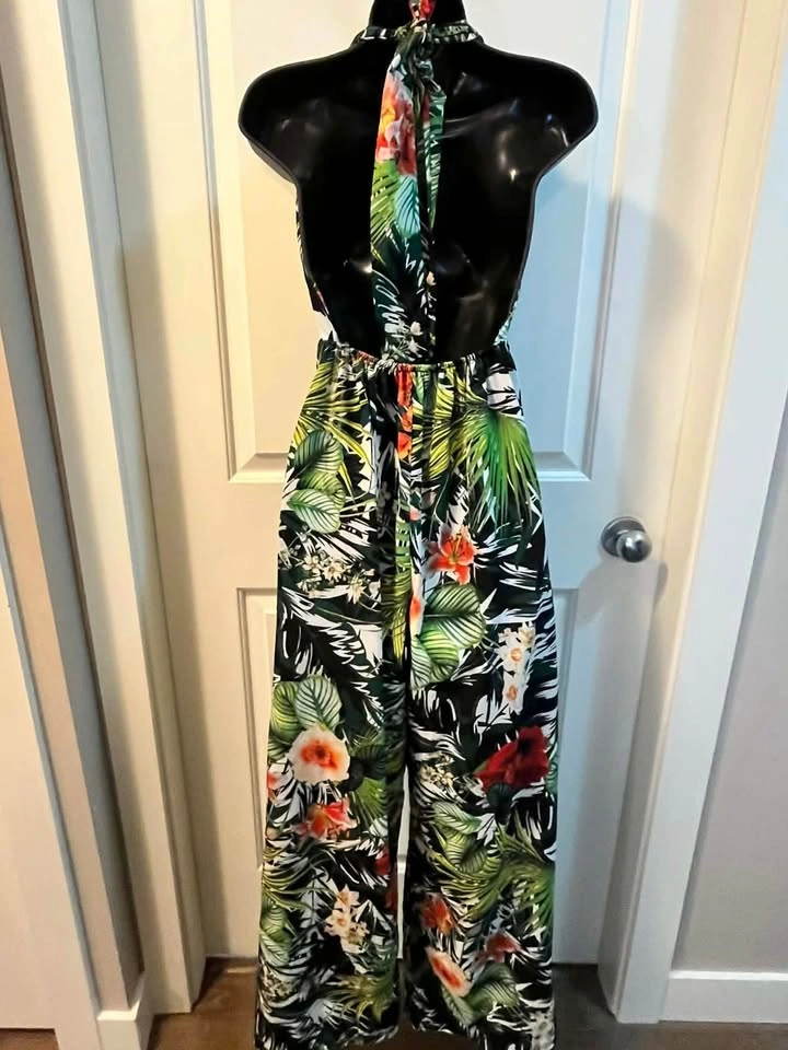 Tropical Floral Halter Wide-Leg Jumpsuit S-M Boho - photo 5