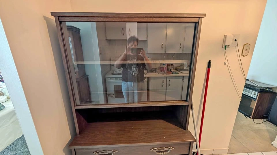 Dark Wood Display Cabinet Hutch Glass Doors Drawers