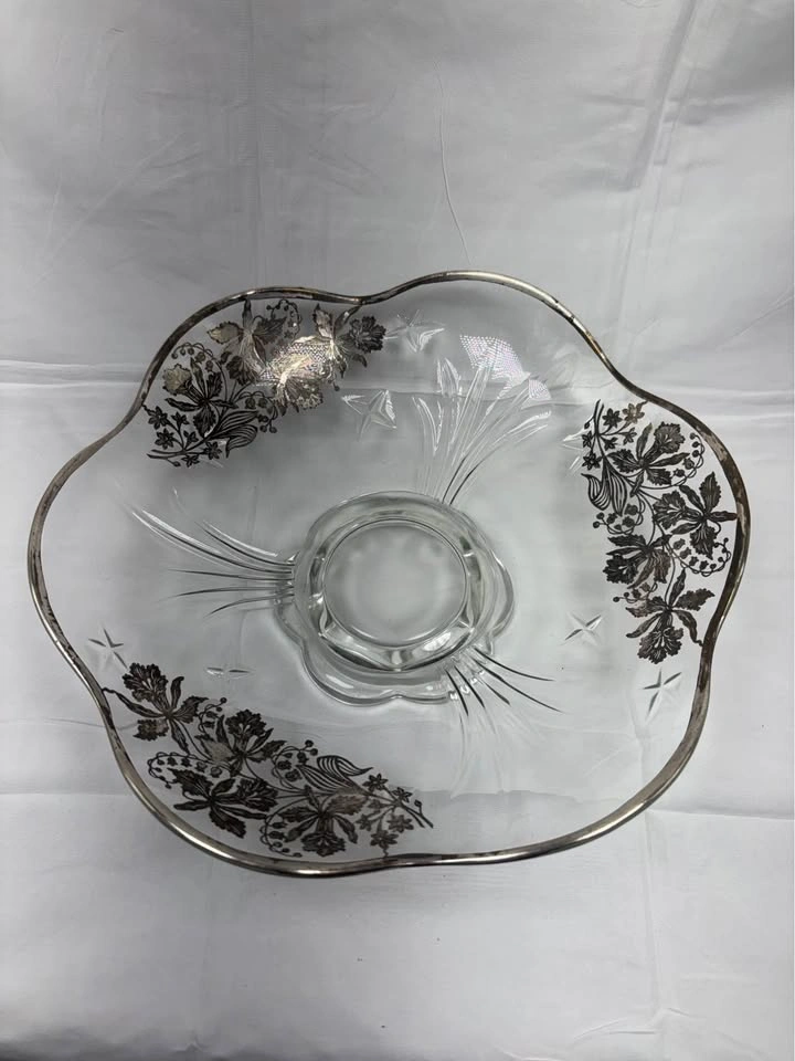 Vintage Glass Bowl w Silver Overlay Trim Ruffled Edge 11in - photo 2