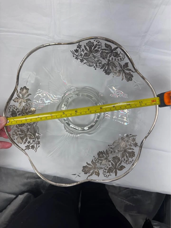 Vintage Glass Bowl w Silver Overlay Trim Ruffled Edge 11in - photo 4