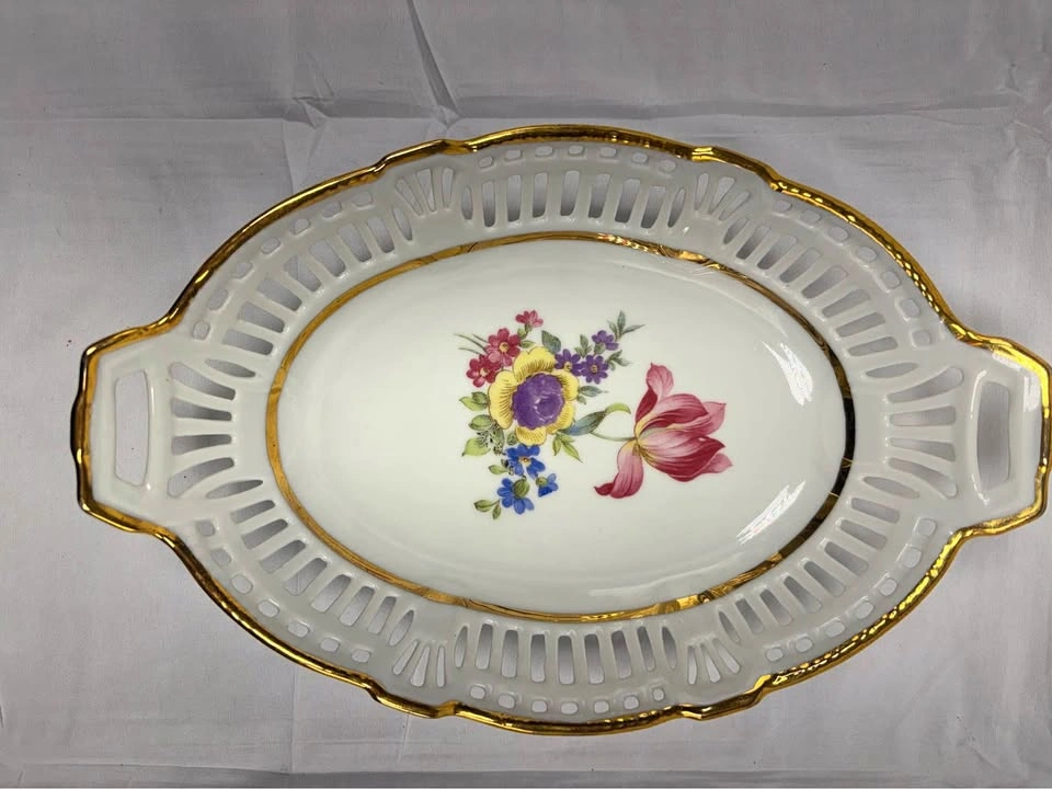 Vintage Schwarzenhammer Bavaria Floral Reticulated Dish
