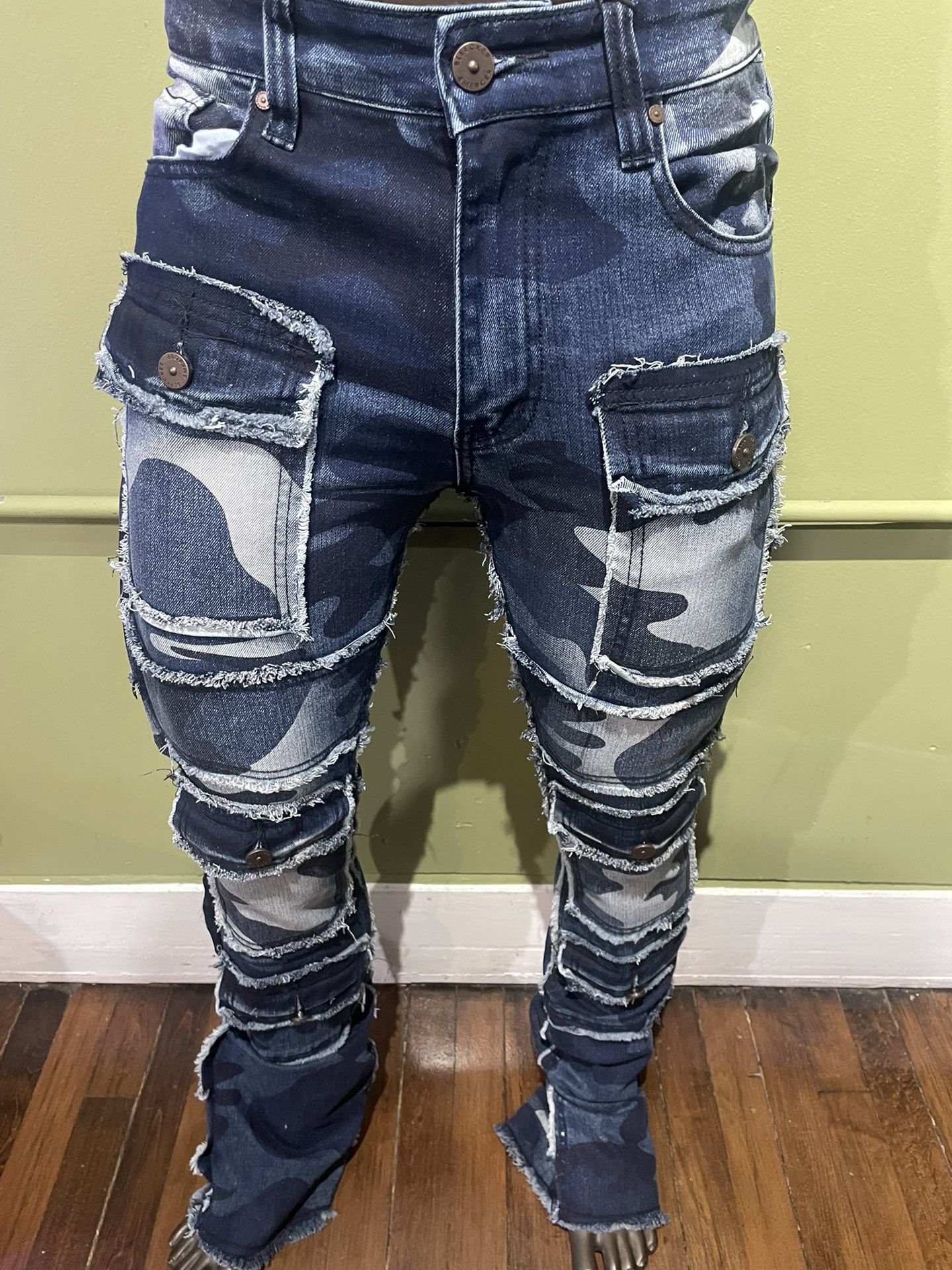 Bleecker&Mercer Denim Jean Blue Camo Stack Flare Fit