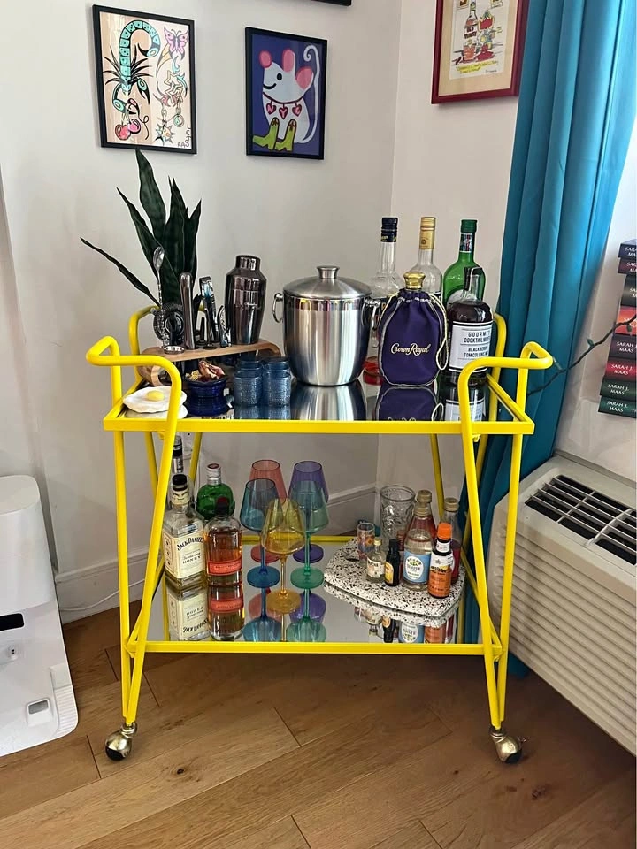 Yellow Bar Cart with Wheels and Mirror Shelves