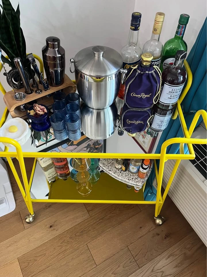 Yellow Bar Cart with Wheels and Mirror Shelves - photo 2