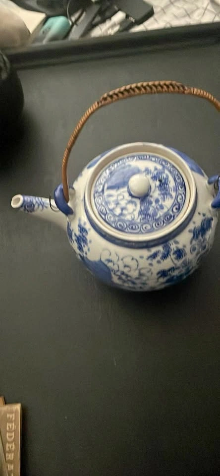 Blue and White Floral Tea Pot with Woven Handle