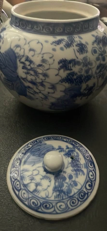 Blue and White Floral Tea Pot with Woven Handle - photo 2