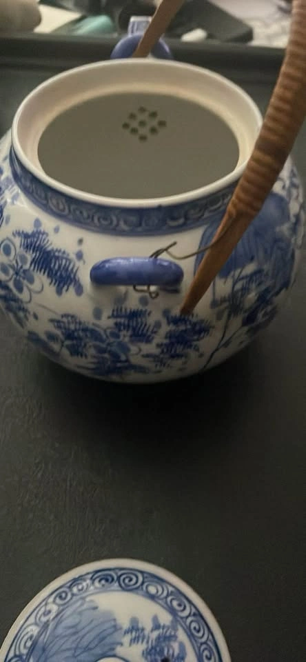Blue and White Floral Tea Pot with Woven Handle - photo 5