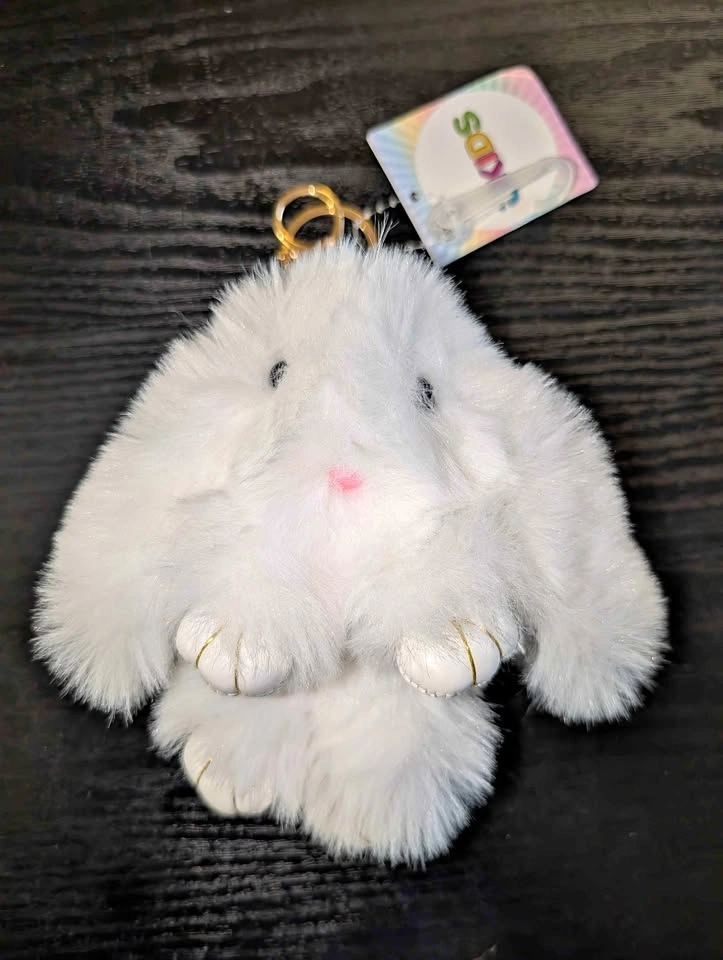 New White Fluffy Bunny Keychain - Kids