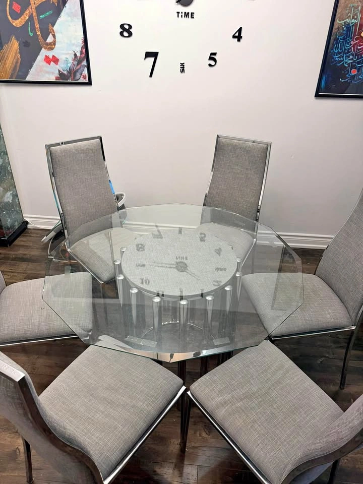 Modern Glass Dining Table with 6 Grey Chairs