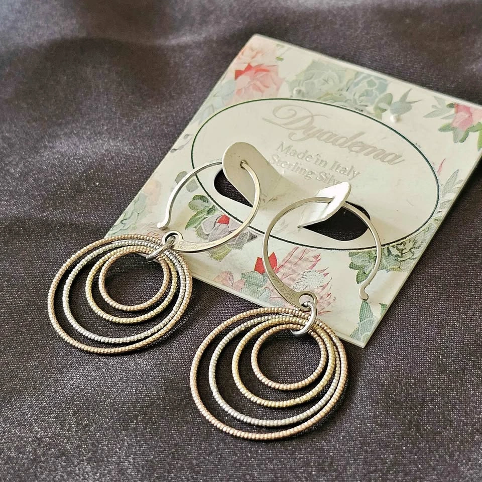 New Sterling Silver Tri-Color Hoop Dangle Earrings Dyadema Italy