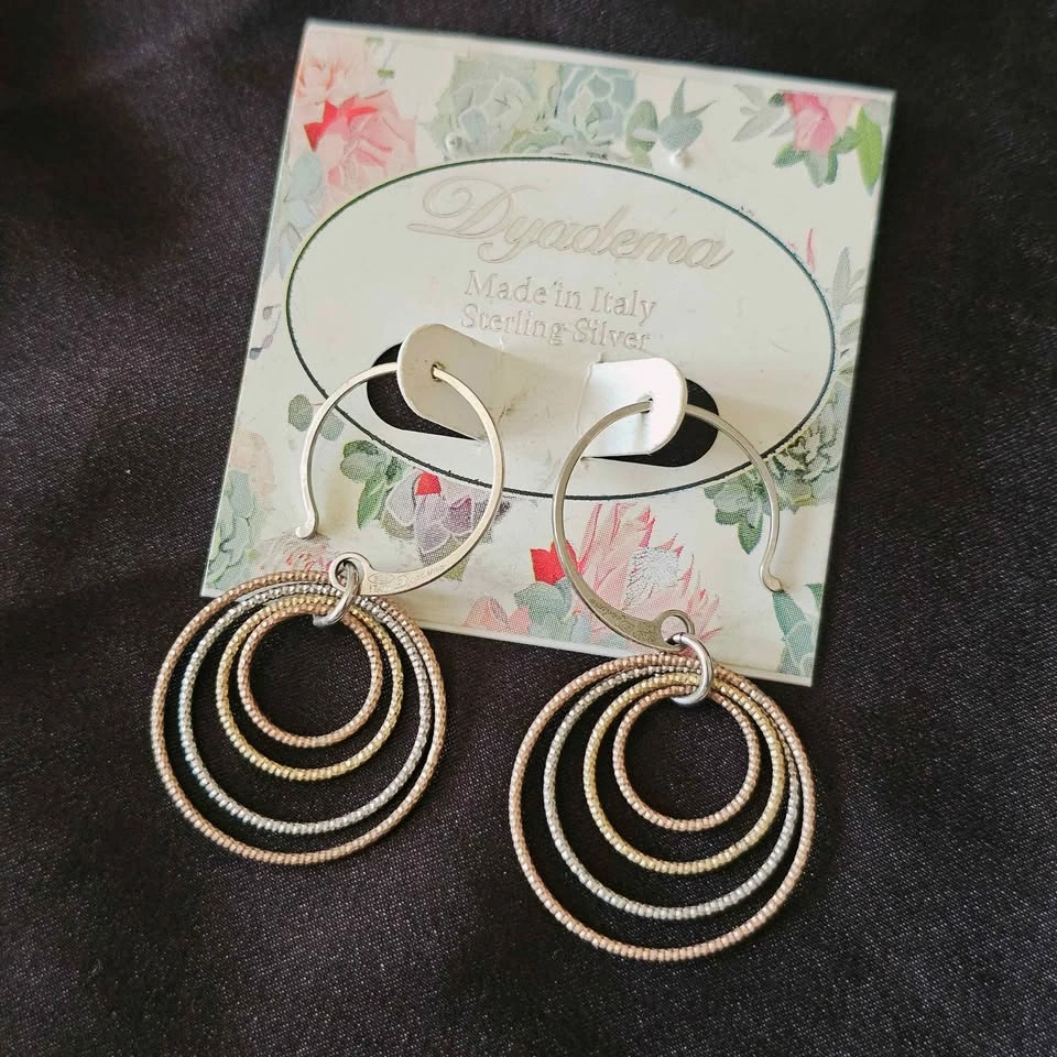 New Sterling Silver Tri-Color Hoop Dangle Earrings Dyadema Italy - photo 2