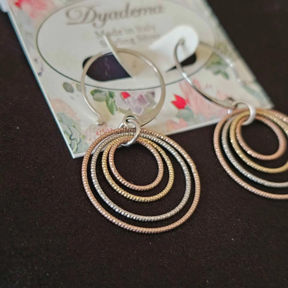New Sterling Silver Tri-Color Hoop Dangle Earrings Dyadema Italy - photo 4