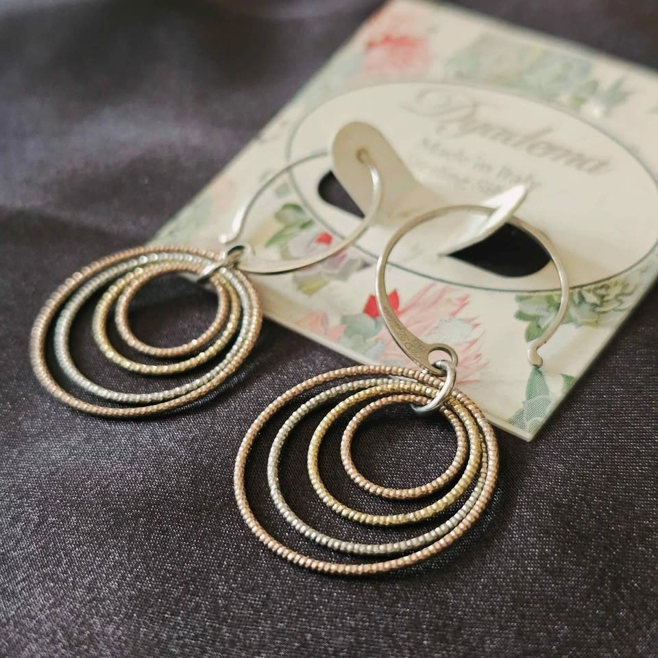 New Sterling Silver Tri-Color Hoop Dangle Earrings Dyadema Italy - photo 5