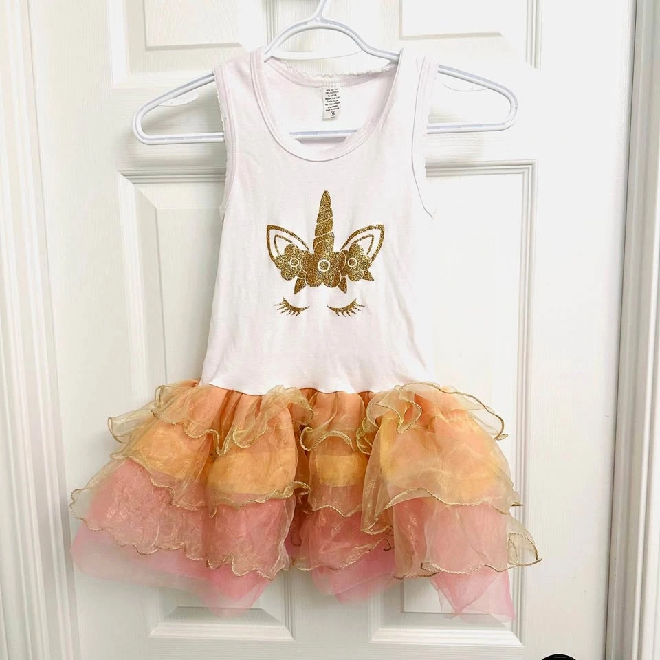 Girls Birthday Tutu Dress Unicorn White Pink Gold Size 6