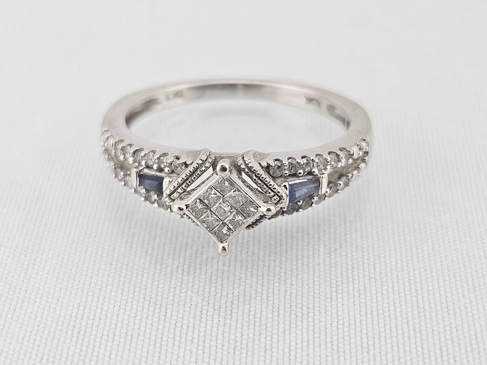10k White Gold Diamond & Sapphire Engagement Ring - Size 6 - photo 2