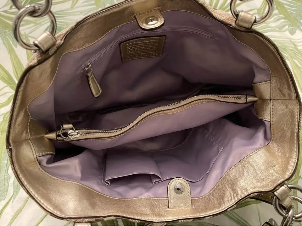 Authentic COACH Op Art Tote Bag Beige Gold 16233 image indicator(2)