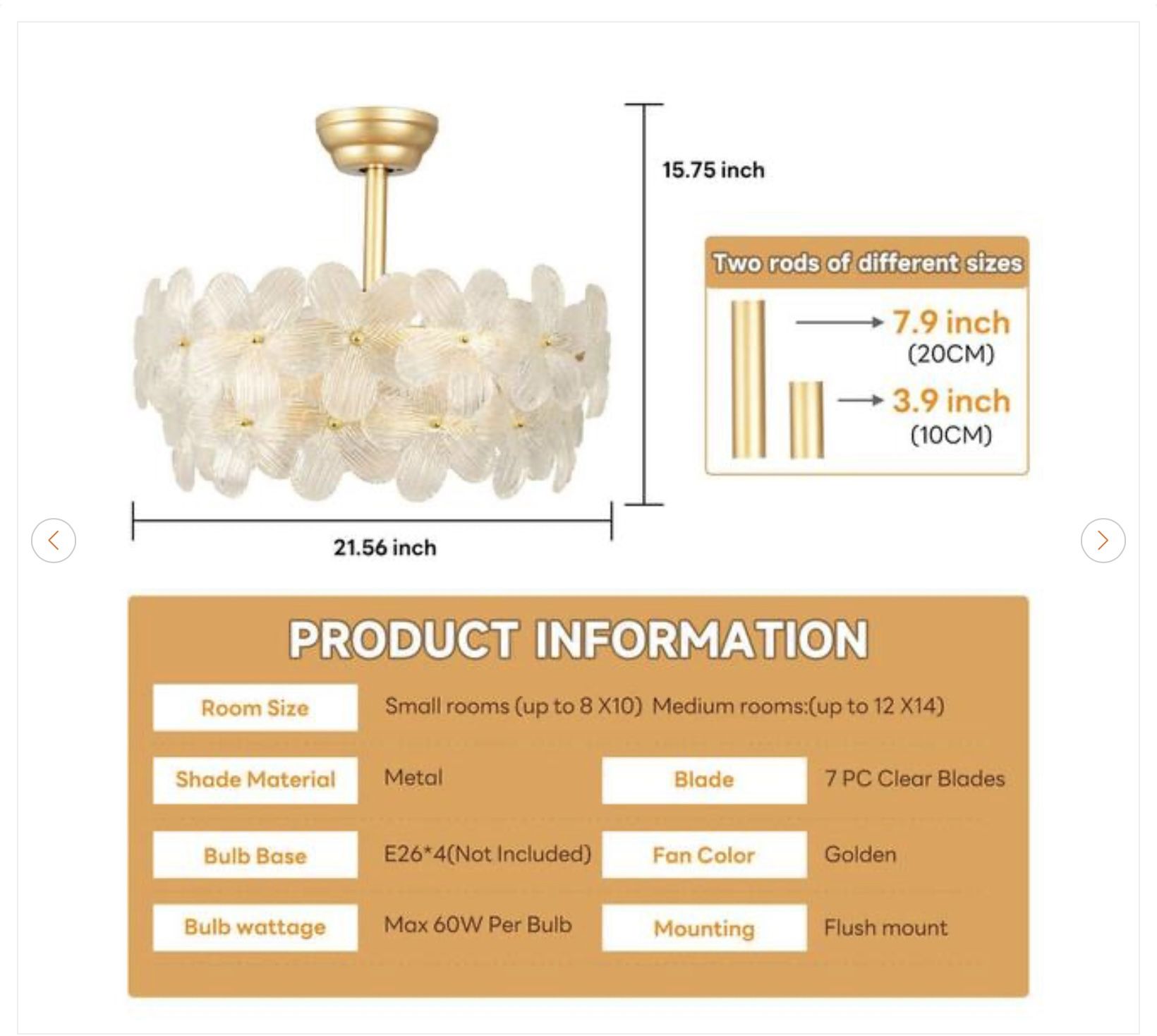 22 in. Indoor Gold Glass Flower Ceiling Fan with Light - photo 5
