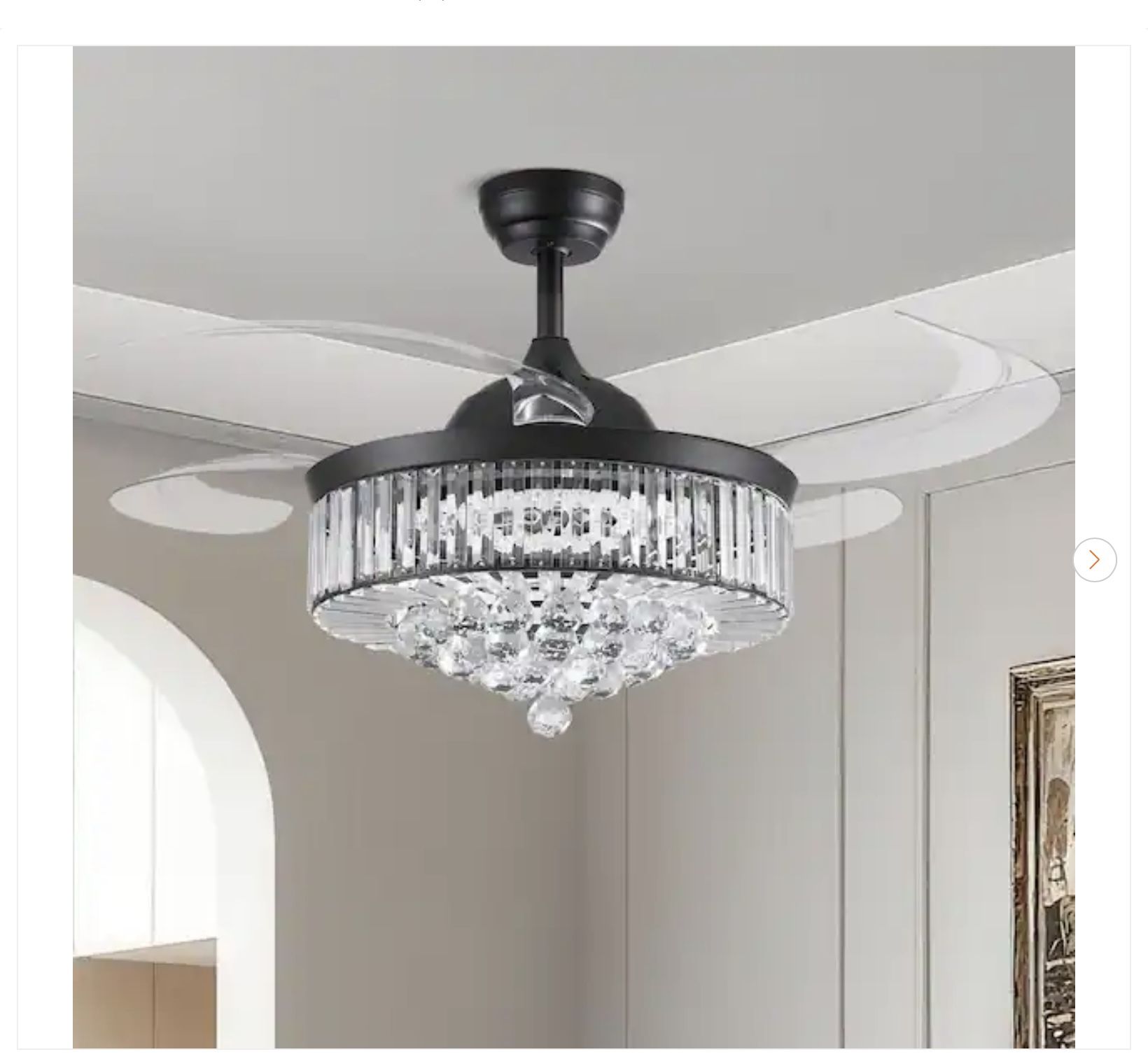 48 in. Black Smart Retractable Crystal Ceiling Fan w/ LED Light