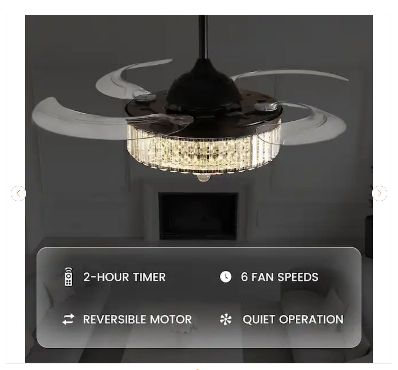 48 in. Black Smart Retractable Crystal Ceiling Fan w/ LED Light - photo 5