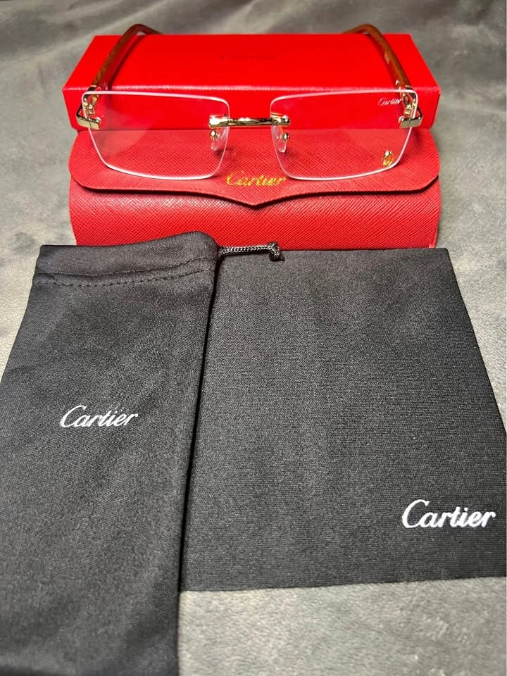 Luxury Rimless Gold Frame Glasses w/ Red Case & Accessories