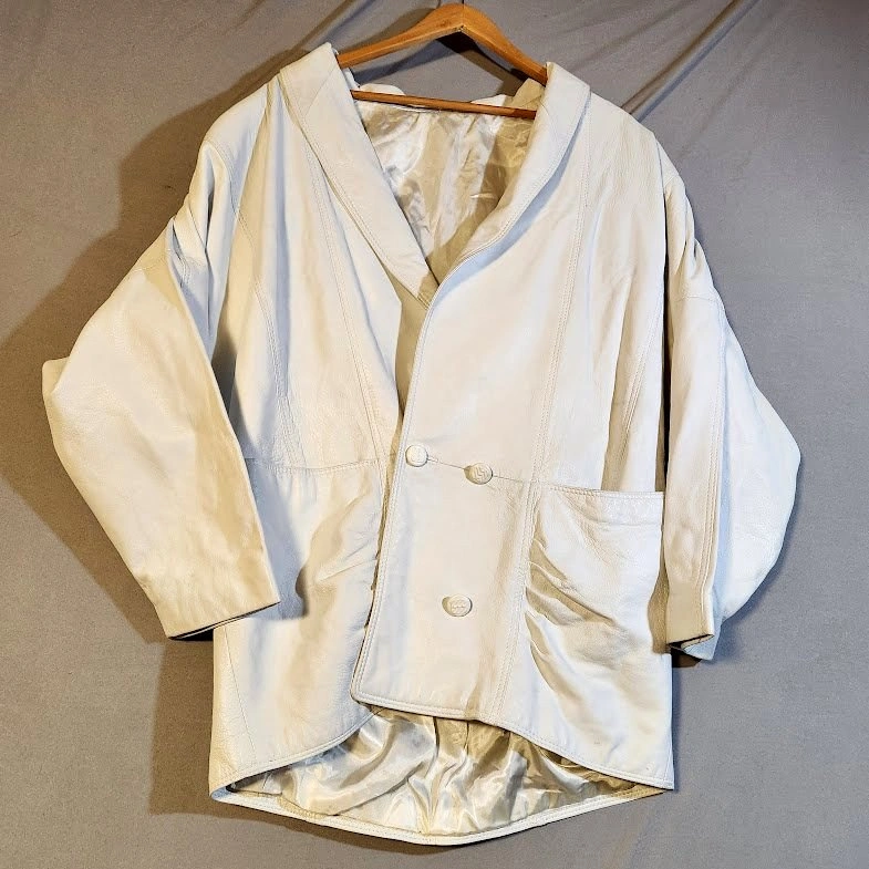 VTG 80s White Leather Jacket Made in Canada Double Breasted Over