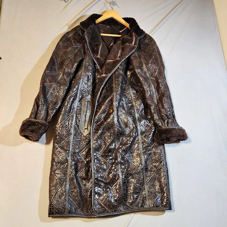 Rare Vintage Shearling Coat Etched Lace Leather Patchwork Maxi T