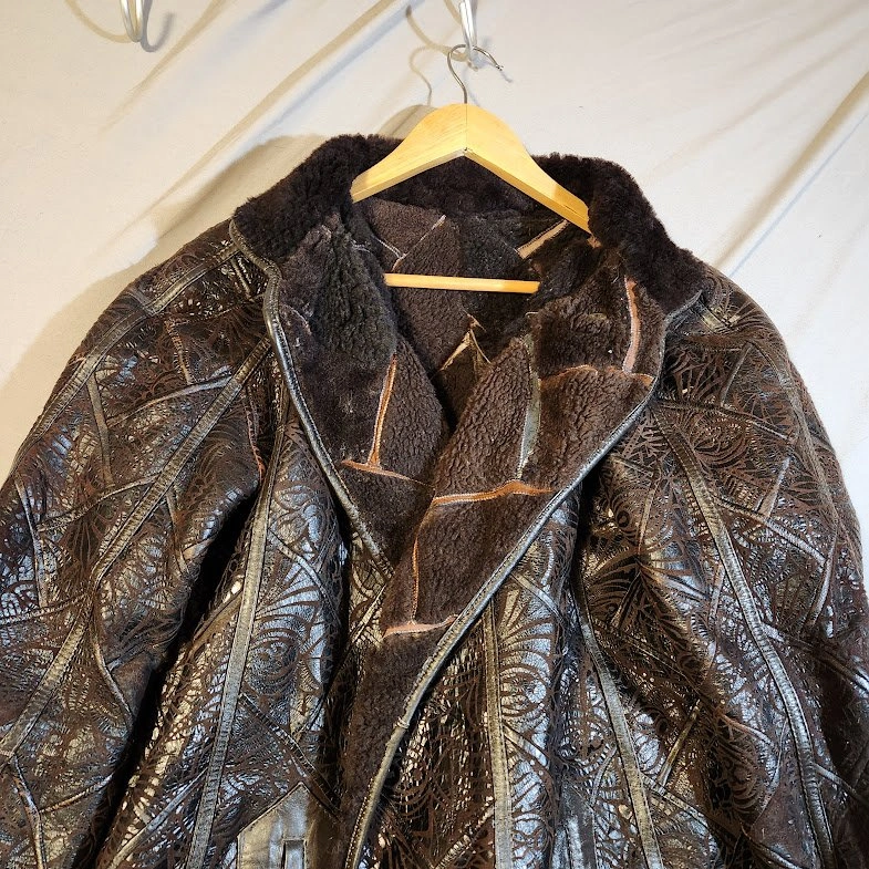 Rare Vintage Shearling Coat Etched Lace Leather Patchwork Maxi T - photo 2