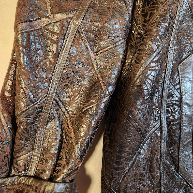 Rare Vintage Shearling Coat Etched Lace Leather Patchwork Maxi T - photo 3