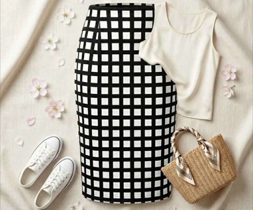 Elegant Checkerboard Geometric Pencil Skirt | Black & White XXL