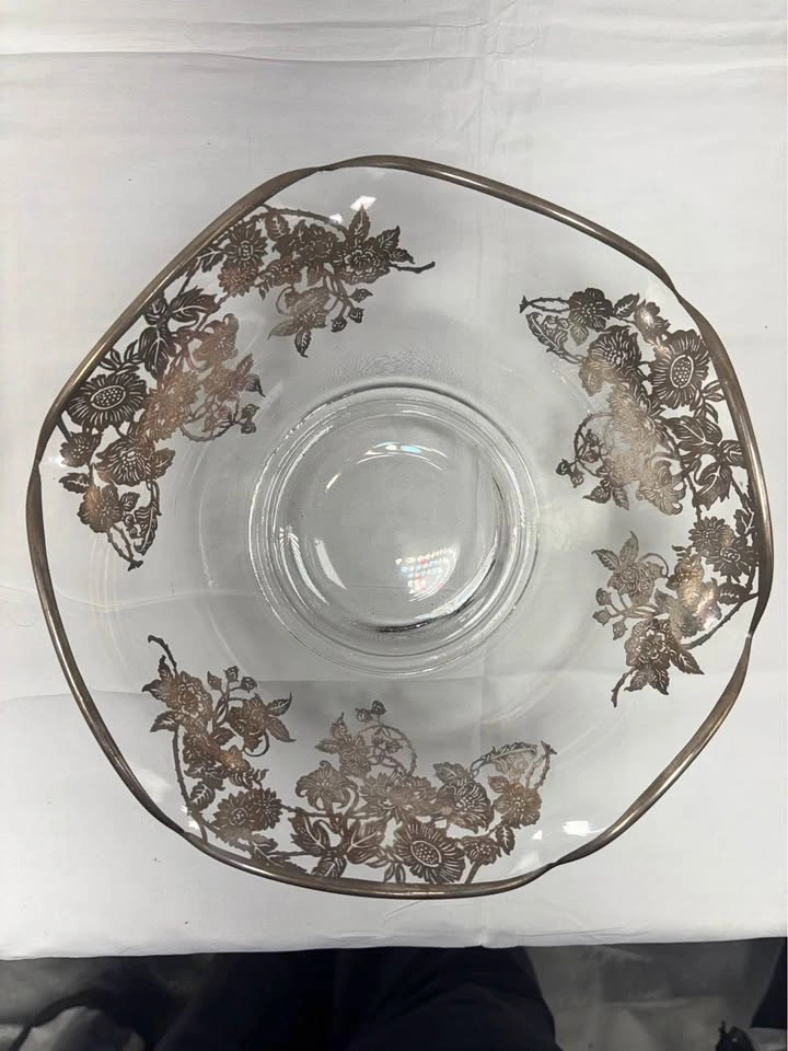 Glass Serving Bowl Silver Floral Design 8 Inch