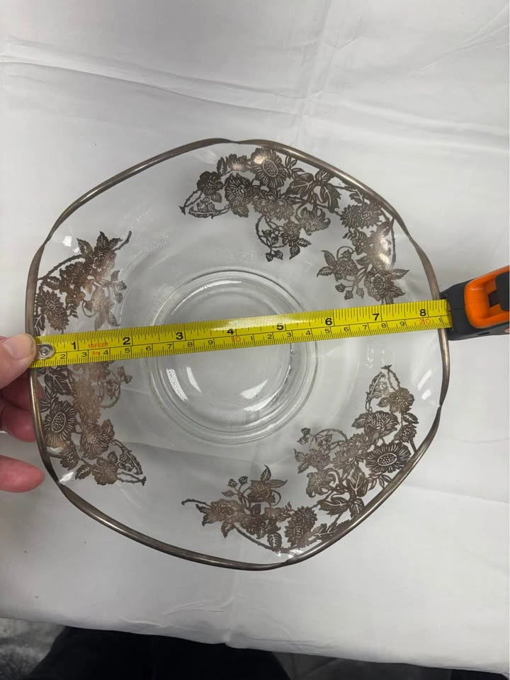 Glass Serving Bowl Silver Floral Design 8 Inch - photo 3