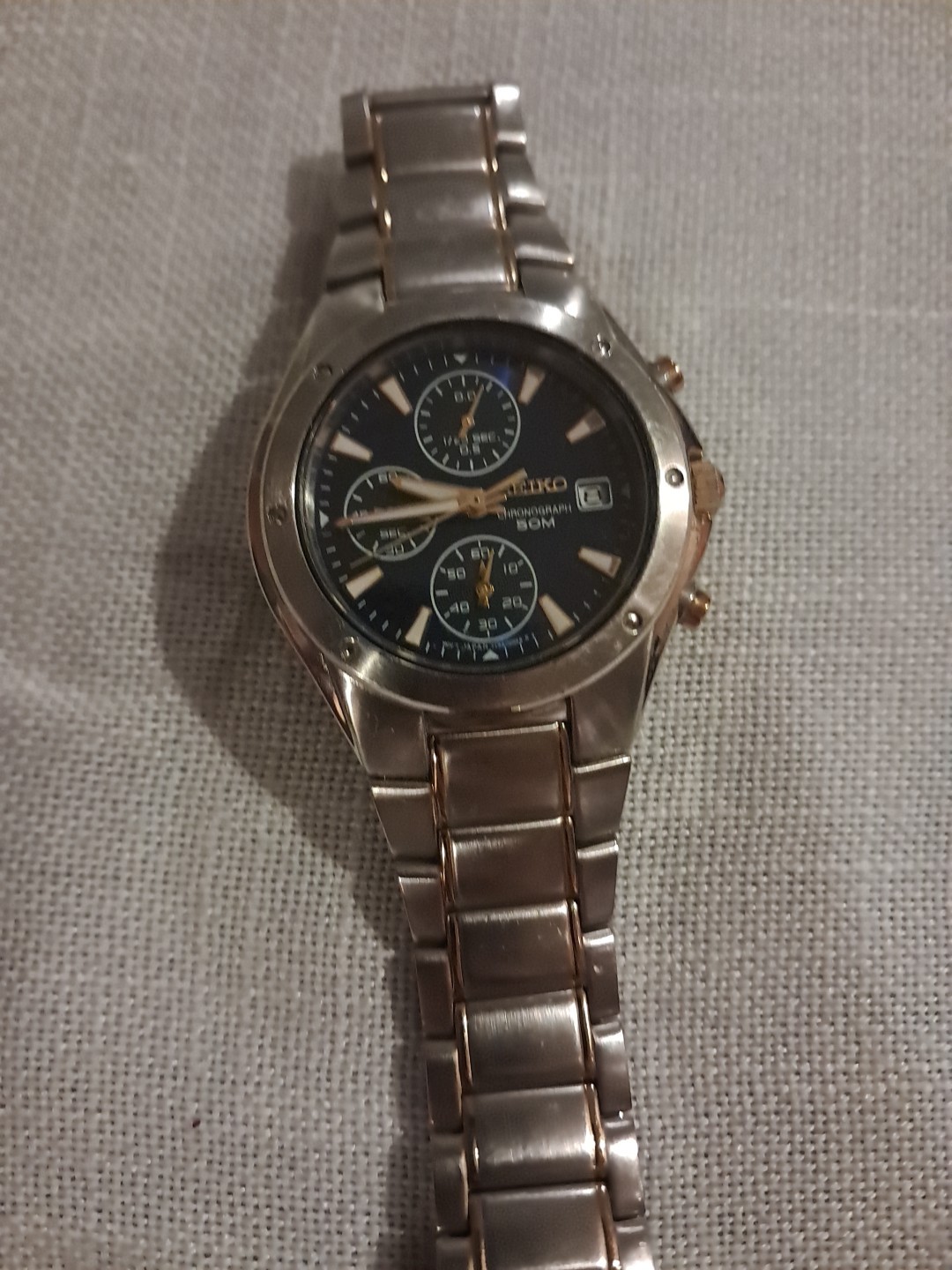 Seiko Chronograph Two-Tone Watch SND585 Blue Dial