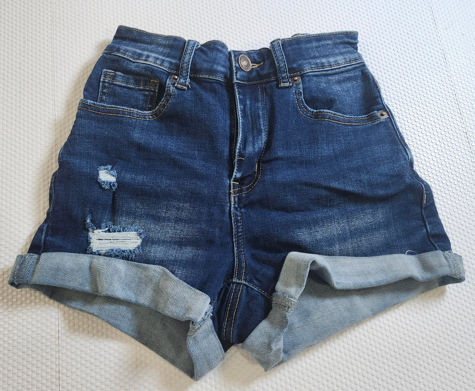 Wax Jean Dark Blue Rolled Cuff Distressed Denim Shorts