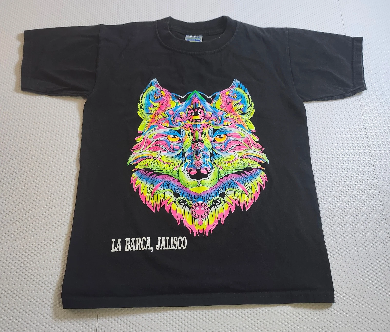 Kids Black Tee with Vibrant Neon Wolf Graphic