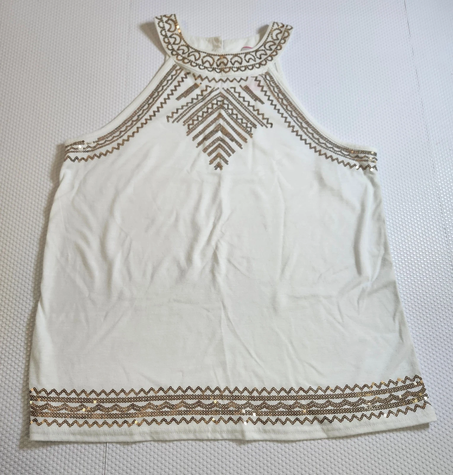 No Boundaries White Halter Tank w/ Gold Trim & Embroidery - Size