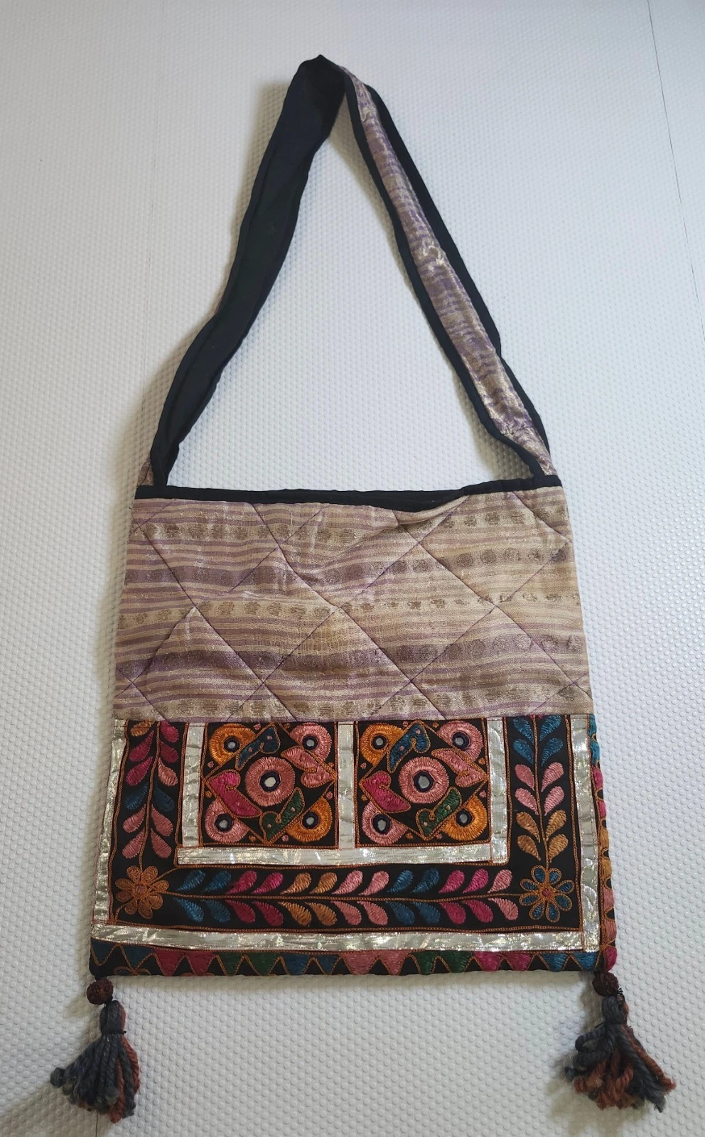 Embroidered Boho Crossbody Bag - Beige/Multicolor