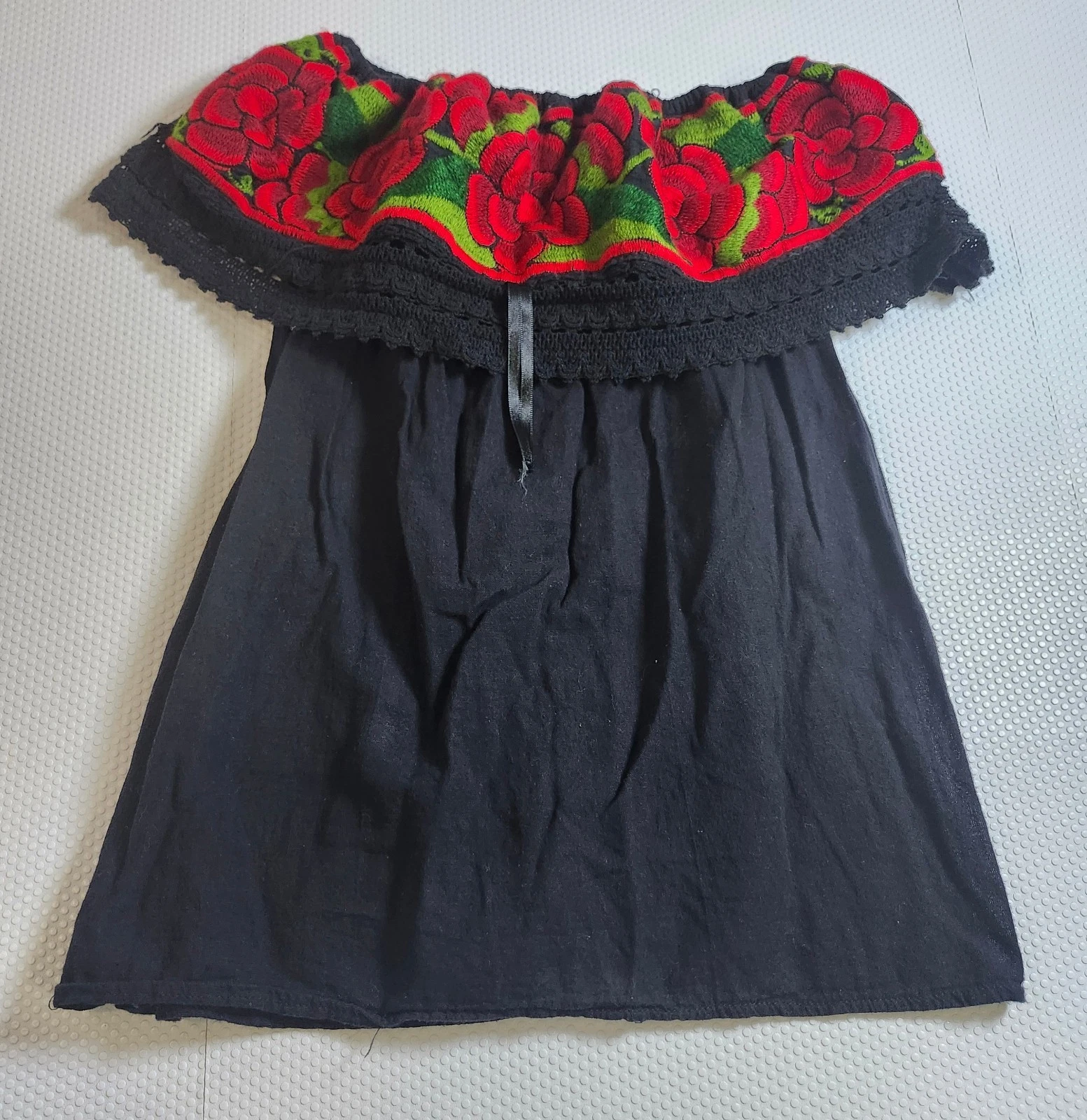 Off-Shoulder Embroidered Black Top with Red Floral Yoke