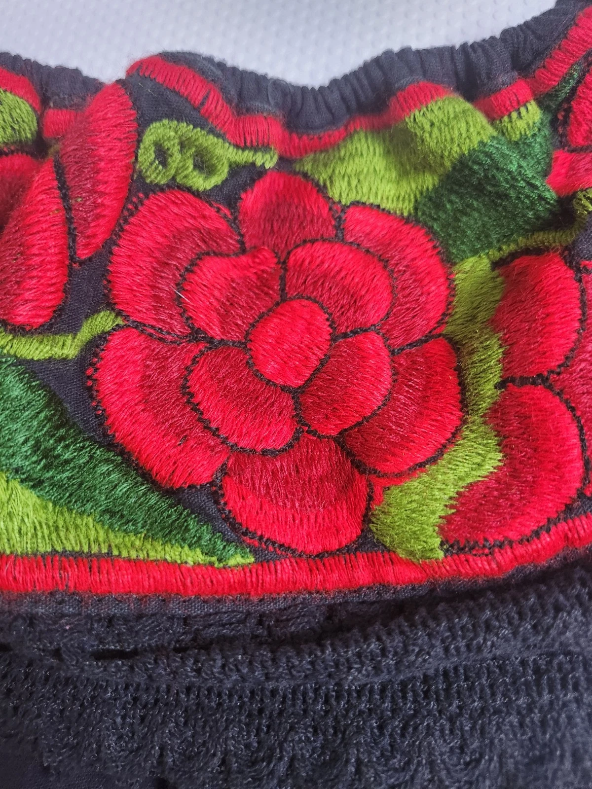 Off-Shoulder Embroidered Black Top with Red Floral Yoke - photo 3