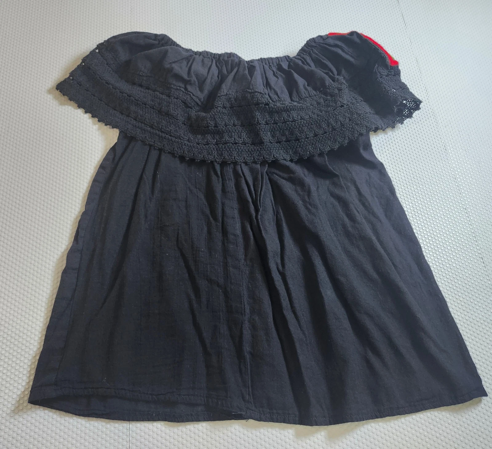 Off-Shoulder Embroidered Black Top with Red Floral Yoke - photo 4