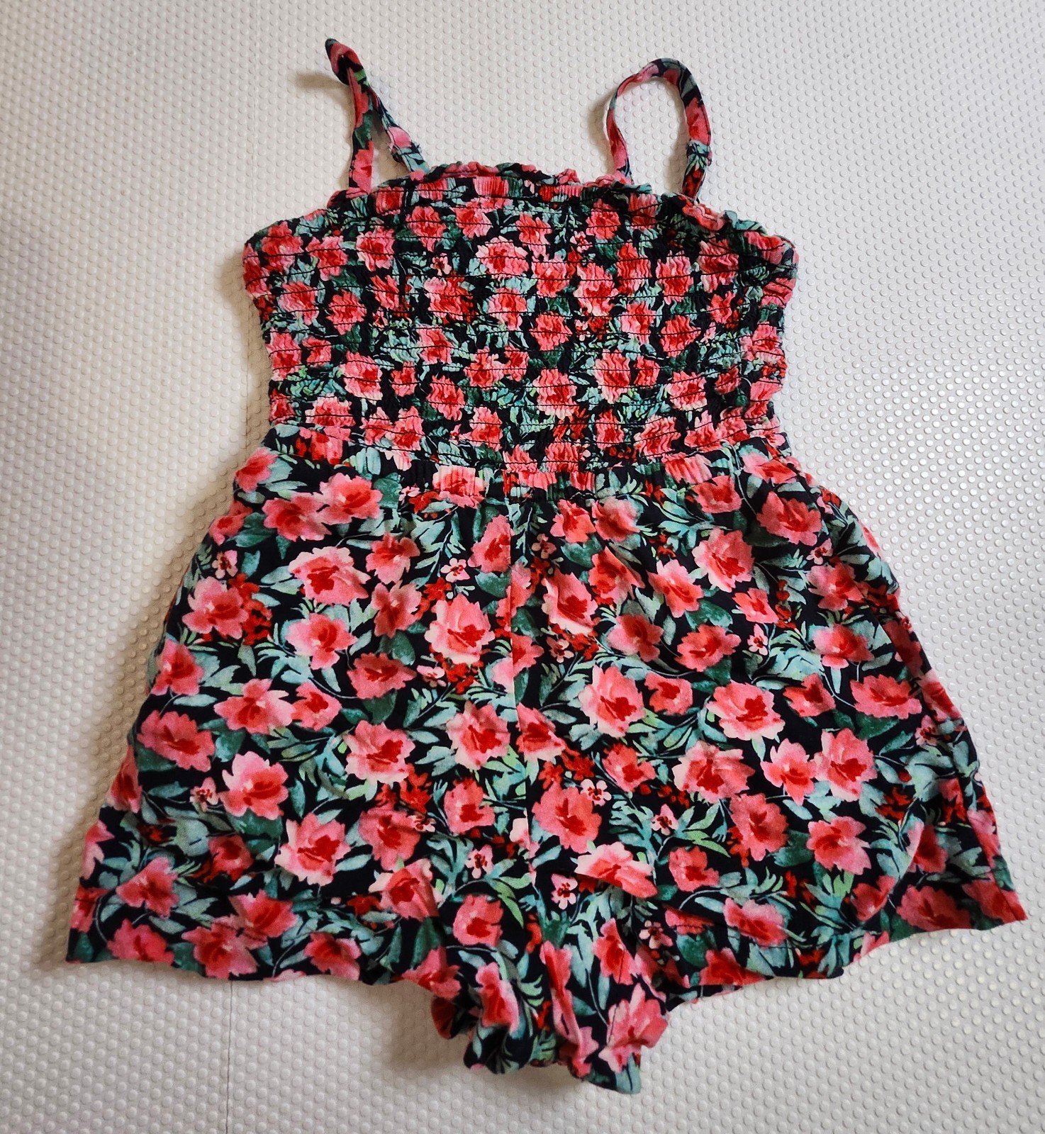 Girls Floral Smocked Romper - Pink Green