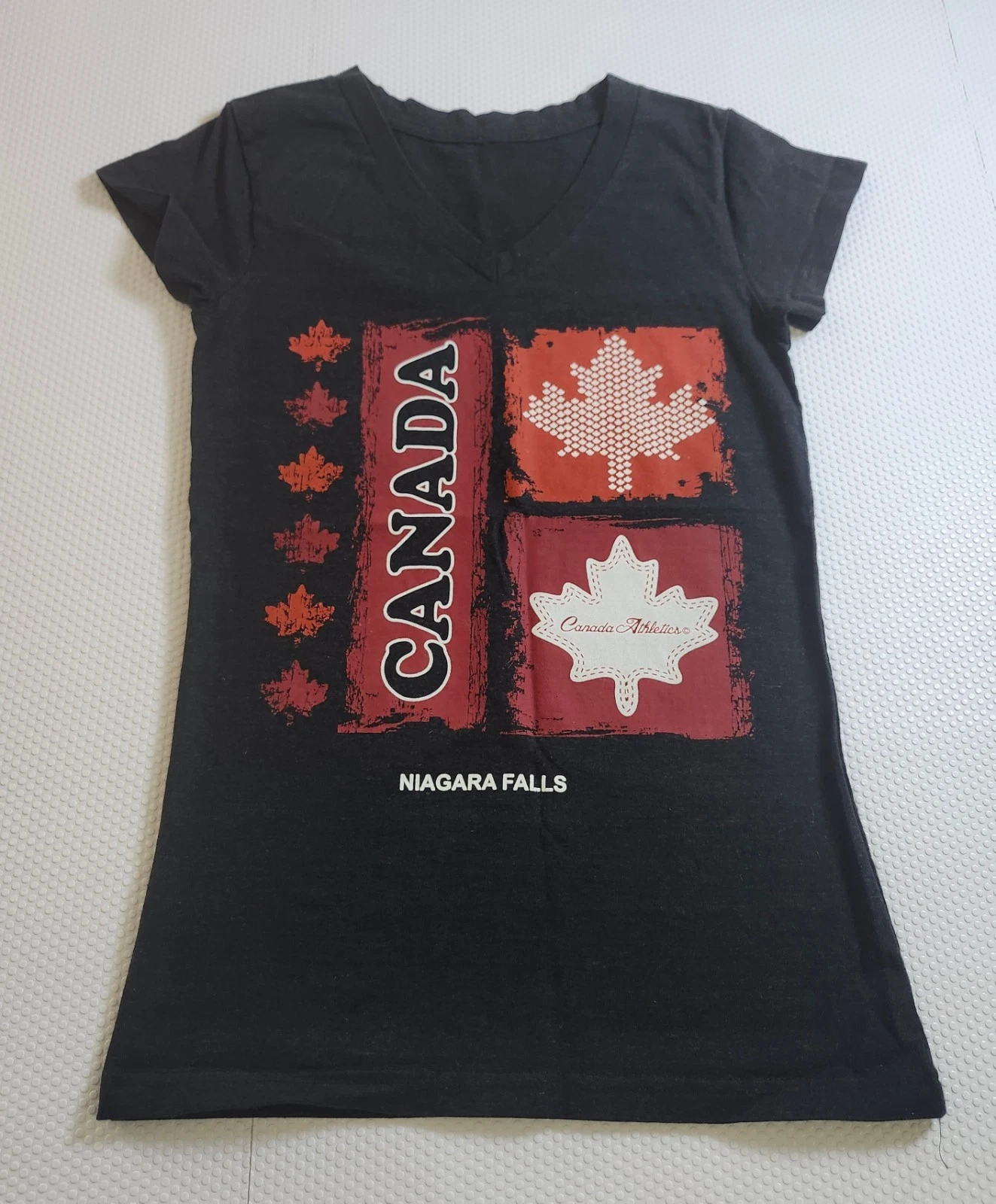 Canada Niagara Falls Black V-Neck Tee with Red Maple Graphics
