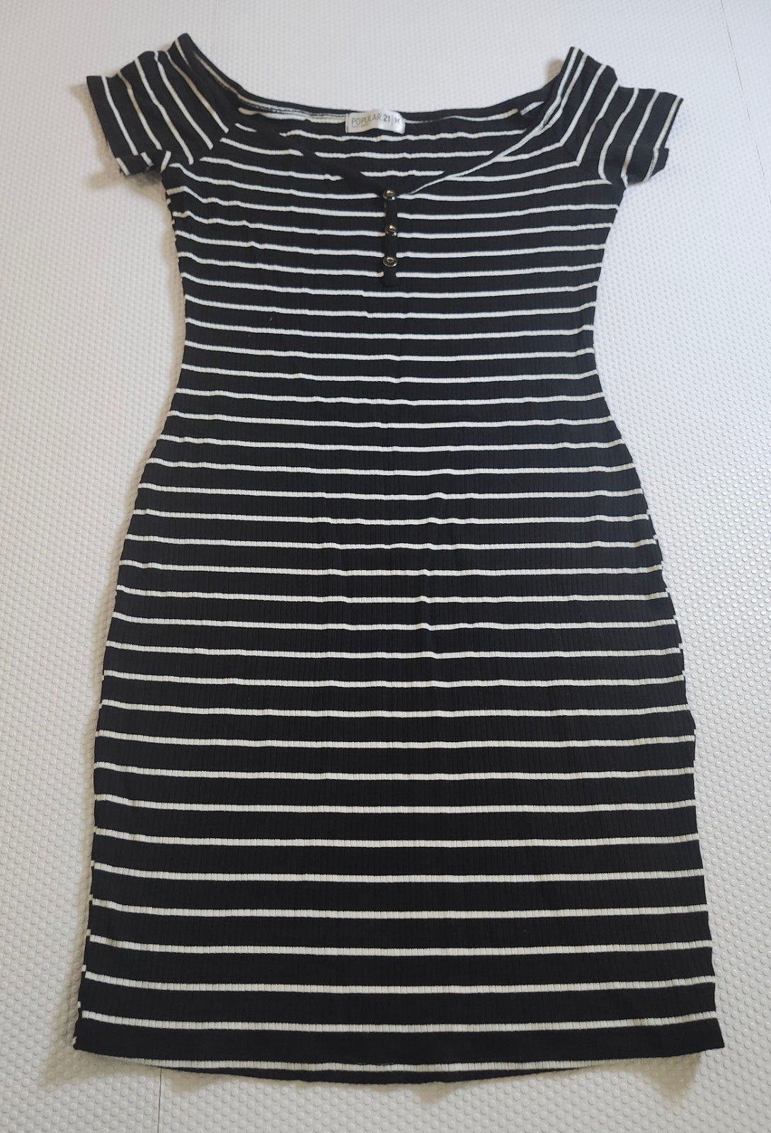 Off-Shoulder Black and White Striped Midi Dress