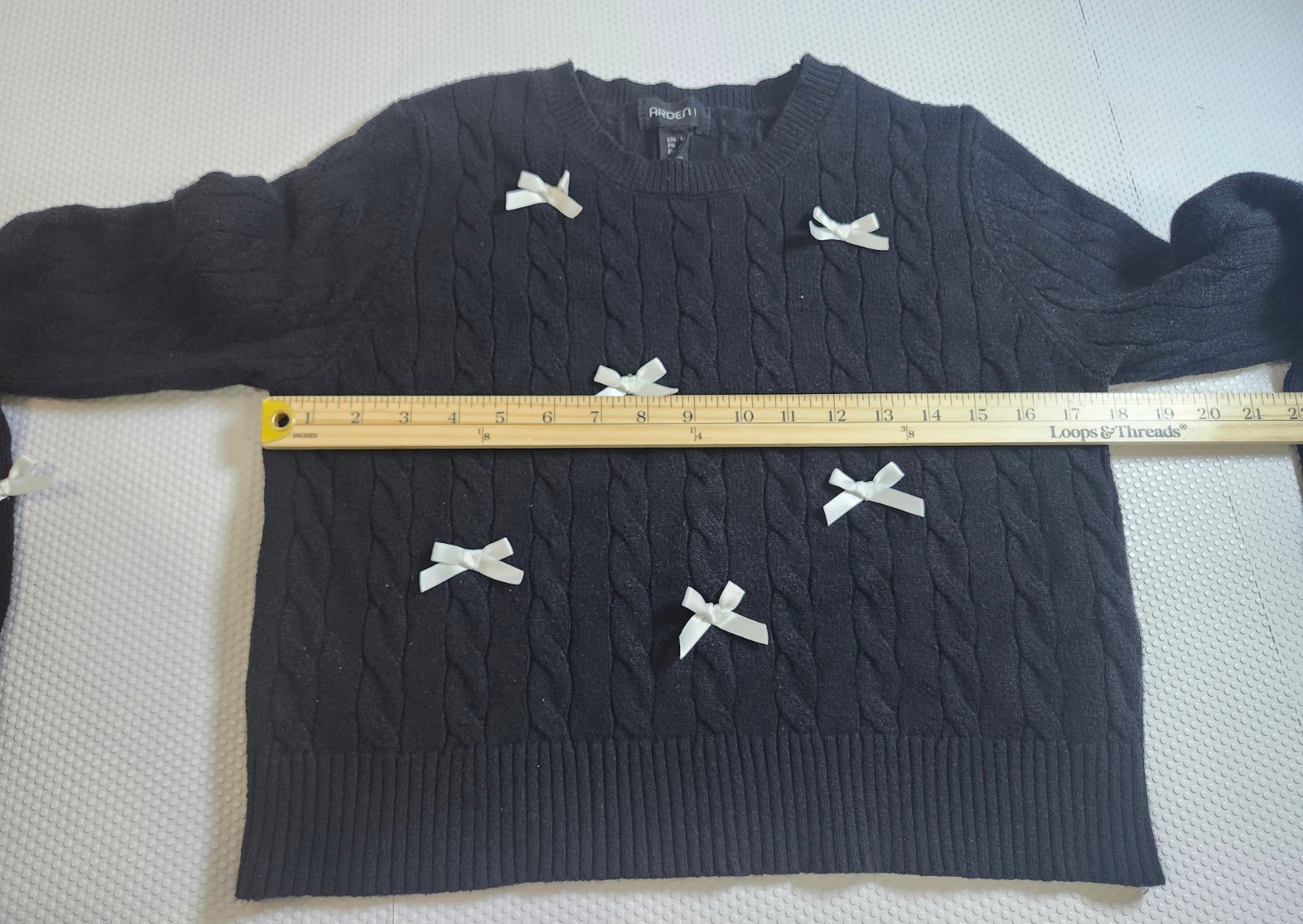 Arden Black Cable-Knit Crewneck Sweater with Cream/ White Bow Ac - photo 5