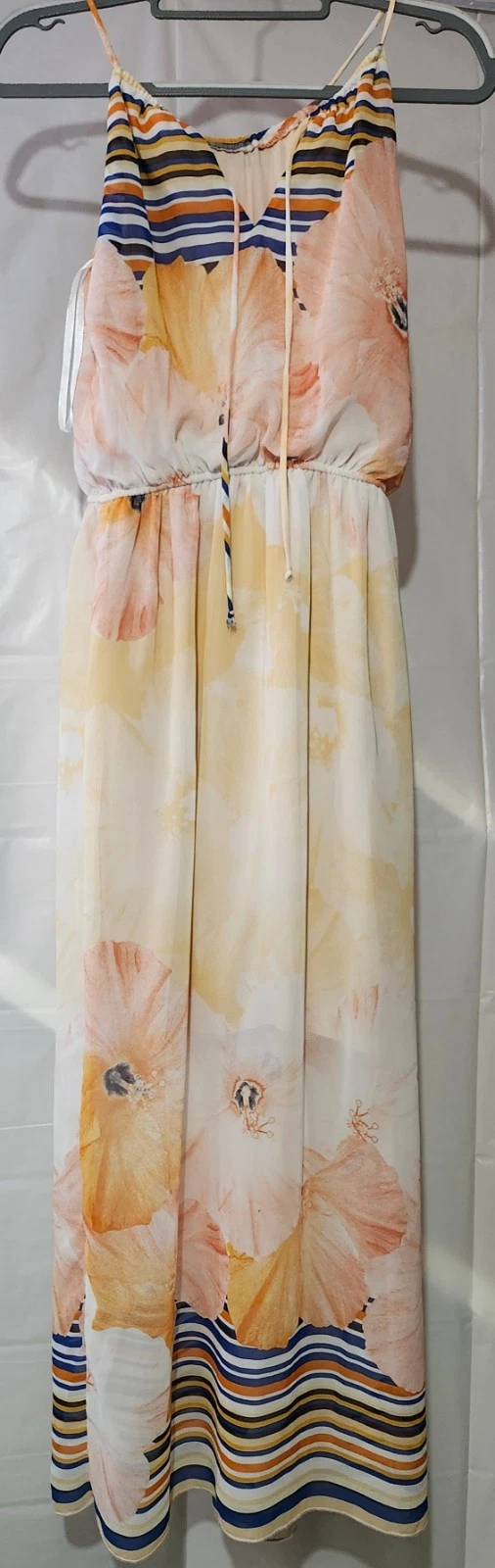 Sweet Storm Cream, Peach & Navy Floral Stripe Maxi Dress