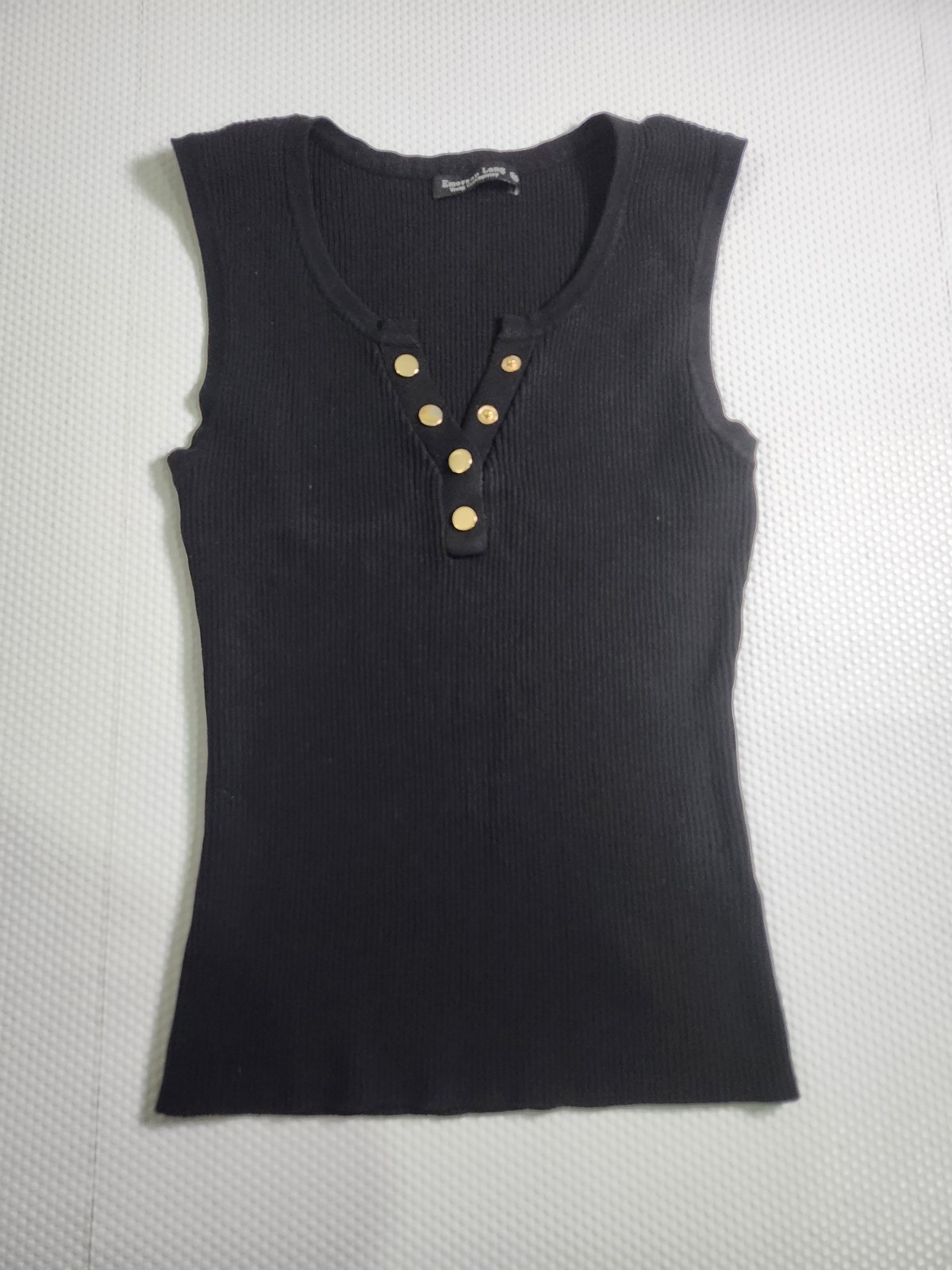 Black Ribbed Sleeveless Tank with Gold Snap Placket